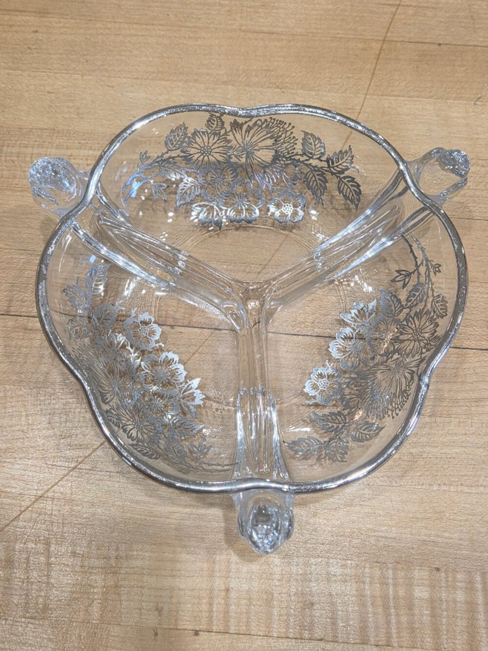 Vintage Heisey Orchid Queen Ann Glass 3 Divided Relish Dish Silver Overlay